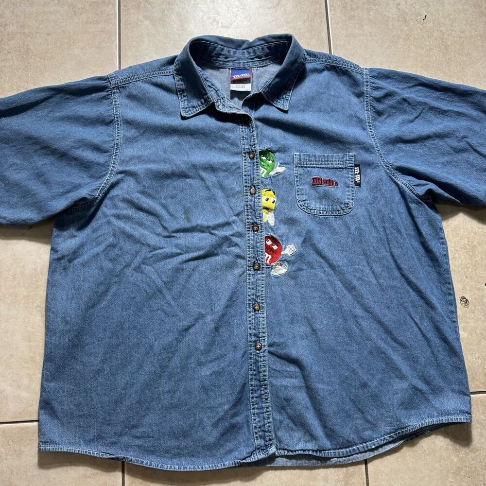 Vintage M&M's Embroidered Button Up Short Sleeve Unisex Denim Shirt XXL 52 Chest